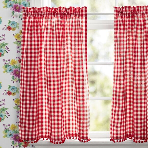 Pioneer Woman Kitchen Window Curtain Gingham White Red Pompom Edging 3-Pc Gift - Picture 3 of 5
